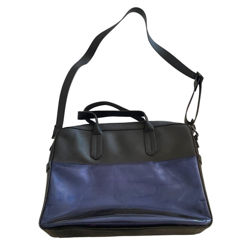 JR x Uri Minkoff Fulton Brief Case Bag Purse Black Metallic Chrome Blue Leather